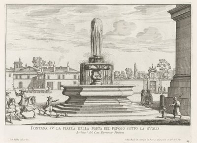 Fontein på Piazza del Popolo i Rom Springvand på Piazza della Porta del Popolo under spiret (titel på objekt) Fontæner i Rom (serietitel) Fonteinen van Rome (serietitel) af Giovanni Battista Falda