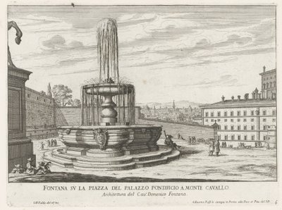 Fontein på Piazza del Quirinale i Rom Springvand på pladsen i det pavelige palads i Monte Cavallo (titel på objektet) Fontæner i Rom (serietitel) Fonteinen van Rome (serietitel) af Giovanni Battista Falda
