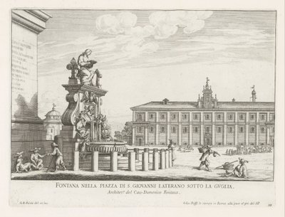 Fontein på Piazza di San Giovanni i Laterano te Rom Springvand på Piazza di S. Giovanni Laterano under spiret (titel på objektet) Fontæner i Rom (serietitel) Fonteinen van Rome (serietitel) af Giovanni Battista Falda