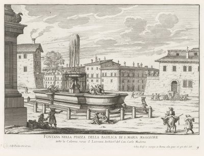 Fontein på Piazza di Santa Maria Maggiore te Rom Springvand på pladsen i Basilica of S. Maria Maggiore (titel på objektet) Fontæner i Rom (serietitel) Fonteinen van Rome (serietitel) af Giovanni Battista Falda