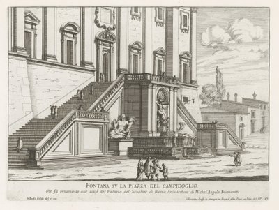 Springvand foran Palazzo Senatorio på Capitol i Rom Fontana su la Piazza del Campidoglio (titel på objekt) Fontane di Roma (serietitel) Fontæner i Rom (serietitel) af Giovanni Battista Falda