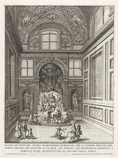 Vindenes værelse i de tuinen af ​​Villa Aldobrandini te Frascati Værelse til tyve i Belvedere Theatre i Frascati (...) (titel på objekt) Frascati-villaernes springvand (serietitel) Fonteinen van Frascati (serietitel) af Giovanni Battista Falda