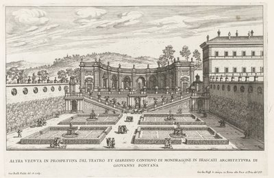 Tuinen van de Villa Mondragone te Frascati Endnu et perspektivbillede af teatret og den tilstødende have (...) (titel på objektet) Frascati-villaernes springvand (serietitel) Fonteinen van Frascati (serietitel) af Giovanni Battista Falda