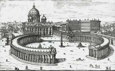 Vatikanstaten, Udsigt over Piazza San Pietro med Peterskirken og Vatikanets paladser, gravering af Giovanni Battista Falda. 1665 af Giovanni Battista Falda