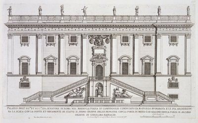 Udsigt over facaden af Palazzo Senatorio på Piazza del Campidoglio, Rom, påbegyndt af Michelangelo Buonarroti (1475-1564) og fuldført af Girolamo Rainaldi (1570-1655) af Giovanni Battista Falda