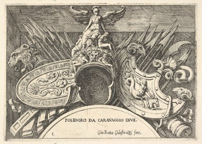 Plade 1: trofæer af romerske våben fra dekorationer over vinduerne på anden sal ..., 1656-58. af Giovanni Battista Galestruzzi
