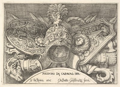 Plade 3: trofæer af romerske våben fra dekorationer over vinduerne på anden sal i ..., 1656. af Giovanni Battista Galestruzzi