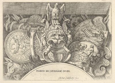 Plade 4: trofæer af romerske våben fra dekorationer over vinduerne på anden sal ..., 1656-58. af Giovanni Battista Galestruzzi