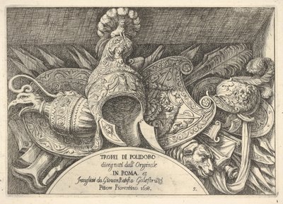 Plade 5: trofæer af romerske våben fra dekorationer over vinduerne på anden sal i ..., 1658. af Giovanni Battista Galestruzzi