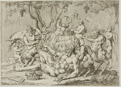 Silenus liggende med geder og satyrer af Giovanni Battista Galestruzzi