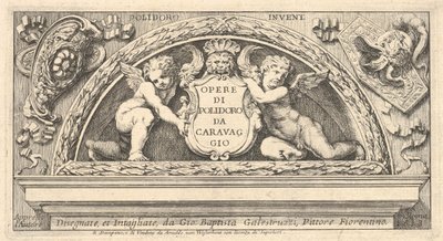 Titelplade til serie af tryk efter Poloidoro, titel på et skjold understøttet af to putti, 1658. af Giovanni Battista Galestruzzi