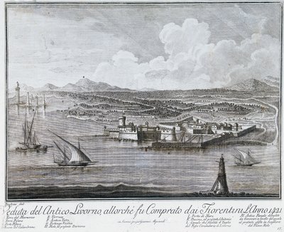 Udsigt over Livornos havn, da den blev købt af florentinerne i 1421, gravering fra samlingen af de bedste udsigter over byen og havnen i Livorno af Giovanni Battista Guerazzi