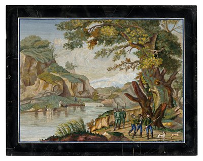 Et italiensk mikromosaikbillede af en skydefest i et flodlandskab af Giovanni Battista Luchini