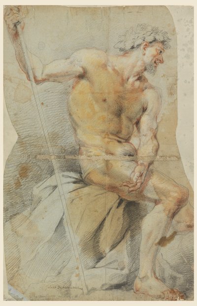 Tegning, studie af en nøgen ældre mand, Bacchus eller en af hans ledsagere, 1660-70 af Giovanni Battista Merano