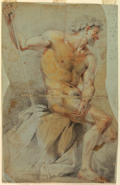 Tegning, studie af en nøgen ældre mand, Bacchus eller en af hans ledsagere, 1660-70 af Giovanni Battista Merano