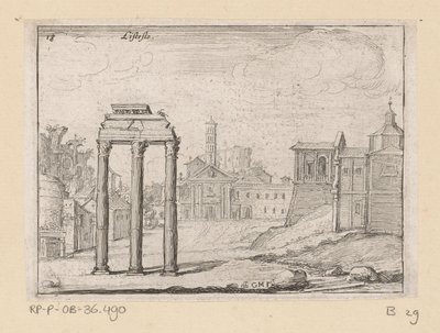 Udsigt over Forum Romanum i Rom Listesso (titel på objekt) Udsigt over Rom (serietitel) Alcune vedute et prospettive di luoghi dishabitati di Roma (serietitel) af Giovanni Battista Mercati