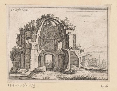 Rester af Temple of Minerva Medica i et landskab Listesso Tempio (titel på objekt) Udsigt over Rom (serietitel) Alcune vedute et prospettive di luoghi dishabitati di Roma (serietitel) af Giovanni Battista Mercati