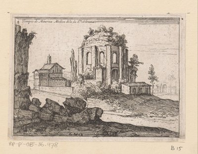 Resten van de Tempel van Minerva Medica i et landskab Temple of Minerva Medica di la da S.ta Bibiana (titel på objekt) Gezichten op Rom (serietitel) Nogle udsigter og perspektiver af ubeboede steder i Rom (serietitel) af Giovanni Battista Mercati