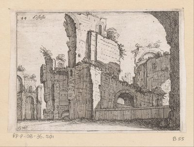 Rester af Caracalla-badene i Rom Listesso (titel på objekt) Udsigt over Rom (serietitel) Alcune vedute et prospettive di luoghi dishabitati di Roma (serietitel) af Giovanni Battista Mercati