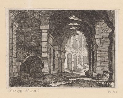 Rester af Colosseum i Rom Listesso (titel på objekt) Udsigt over Rom (serietitel) Alcune vedute et prospettive di luoghi dishabitati di Roma (serietitel) af Giovanni Battista Mercati