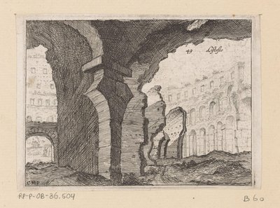 Rester af Colosseum i Rom Listesso (titel på objekt) Udsigt over Rom (serietitel) Alcune vedute et prospettive di luoghi dishabitati di Roma (serietitel) af Giovanni Battista Mercati