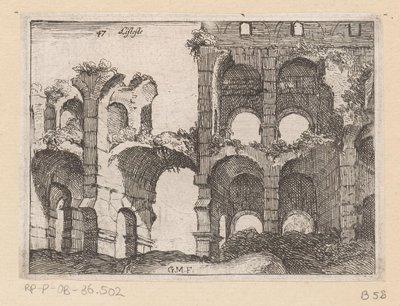 Rester af Colosseum i Rom Listesso (titel på objekt) Udsigt over Rom (serietitel) Alcune vedute et prospettive di luoghi dishabitati di Roma (serietitel) af Giovanni Battista Mercati