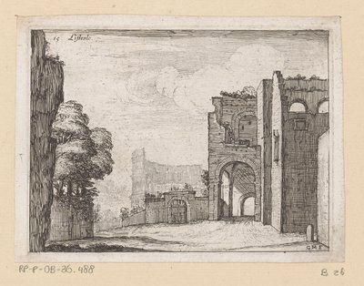 Ruiner ved Colosseum i Rom Listesso (titel på objekt) Udsigt over Rom (serietitel) Alcune vedute et prospettive di luoghi dishabitati di Roma (serietitel) af Giovanni Battista Mercati