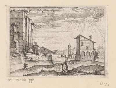 Ruinerne af Palazzo Maggiore i Rom og bygninger i nærheden Sallo pallazo Maggiore (titel på objekt) Udsigt over Rom (serietitel) Alcune vedute et prospettive di luoghi dishabitati di Roma (serietitel) af Giovanni Battista Mercati