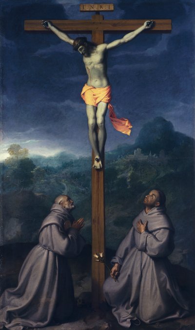 Korsfæstelse med de hellige Bernardino og Antonius af Padua, af Giovanni Battista Moroni (1525 ca-1578), olie på lærred, 226x133 cm, San Giuliano kirke, Albino af Giovanni Battista Moroni
