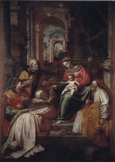 Tilbedelse af Magi-maleriet af Giovanni Battista Perolli (1500-tallet) 1567 Genes, Museo Diocesano af Giovanni Battista Perolli