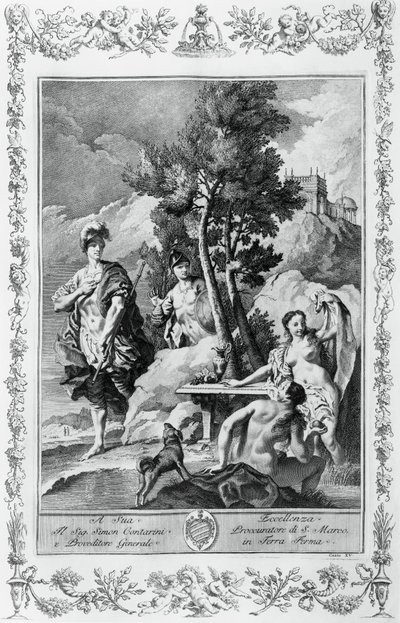 Carlo og Ubaldo i Happy Islands, gravering, af Giovanni Battista Piazzetta (1683-1754) for Canto XV af Jerusalem leveret, af Torquato Tasso (1544-1595), Giovanni Battista Albrizzi udgave, Venedig, Italien af Giovanni Battista Piazzetta