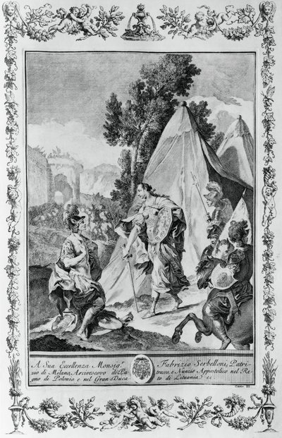 Crusaders at Siege of Jerusalem, gravering, af Giovanni Battista Piazzetta (1683-1754) for Canto III af Jerusalem leveret, af Torquato Tasso (1544-1595), udgivet af Giovanni Battista Albrizzi, Venedig, Italien af Giovanni Battista Piazzetta