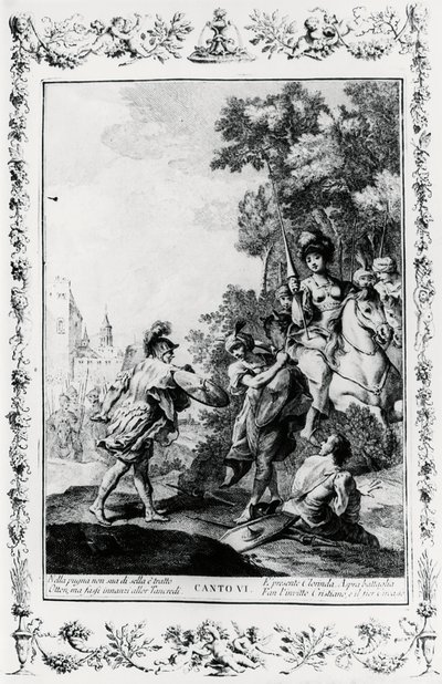 Duel mellem Ottone og Tancredi i nærværelse af Clorinda, canto VI, Jerusalem leveret af Giovanni Battista Piazzetta