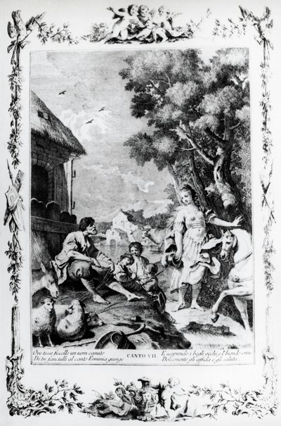 Erminia bliver mødt af hyrde, canto VII, Jerusalem leveret af Giovanni Battista Piazzetta