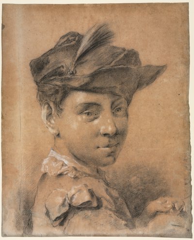 Leder af en ung mand iført hat, før 1735. af Giovanni Battista Piazzetta