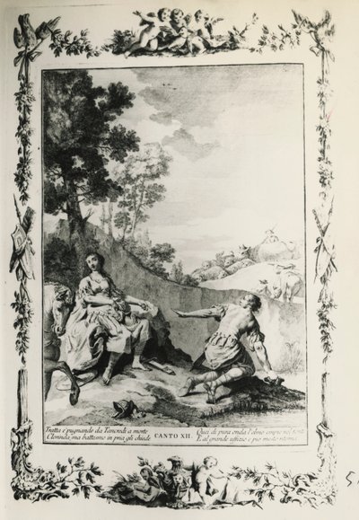 Jerusalem Delivered, canto XII, illustration af Giovanni Battista Piazzetta (1683-1754) til digt af Torquato Tasso (1544-1595), udgave udgivet i Venedig i 1745, Italien af Giovanni Battista Piazzetta