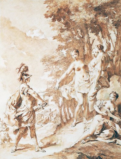 Tancredi på tærsklen til den fortryllede skov, scene fra Jerusalem leveret af Torquato Tasso, af Giovanni Battista Piazzetta (1682-1754), sanguine af Giovanni Battista Piazzetta