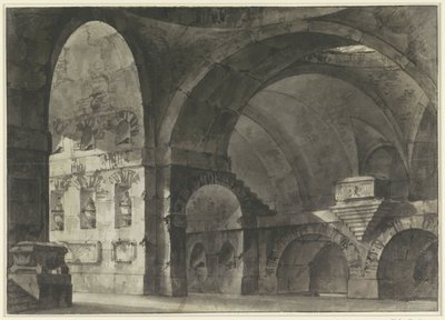 Interiør af en stor antik bygning med tøndehvælvinger og en kuppelunderbygning af Giovanni Battista Piranesi (attributed to)