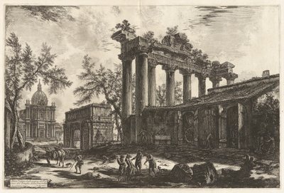 Altra Veduta degli avanzi del Pronao del Tempio del Concordia (En anden udsigt over resterne af Pronaos af Concordtemplet [Saturntemplet med Septimius Severus bue i venstre baggrund]), fra Vedute di Roma (Udsigt over Rom) af Giovanni Battista Piranesi