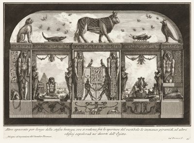 Endnu et tværsnit af samme værksted, hvor den enorme pyramide kan ses mellem åbningerne i forhallen, fra Diverse Manner of adorning the paths af Giovanni Battista Piranesi