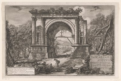 Boog van Augustus te Aosta Udsigt over buen bygget til ære for Augustus nær byen Aosta i Piemonte, tidligere Augusta Praetoria Salassorum (titel på objektet) Enhver ansigt op af en romersk opbygget triomfbogen og andre monumenter (serie af Giovanni-Battista Piranesi