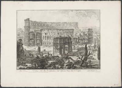 Boog van Constantijn på Colosseum i Rom Udsigt over Konstantins bue og det flaviske amfiteater kendt som Colosseum (titel på objektet) Gezichten op Rom (serietitel) Udsigt over Rom designet og indgraveret af Giambattista Piranesi-arkitekten Ve (nez) ian af Giovanni Battista Piranesi