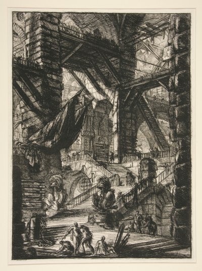 Carceri, VIII: Trappen med trofæer af Giovanni Battista Piranesi