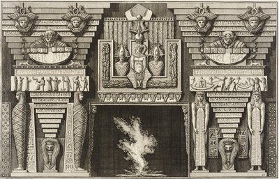 Kamin i egyptisk stil: To mumier i profil til venstre og to figurer, der bærer obelisker, til højre. af Giovanni Battista Piranesi