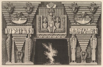 Skorstensstykke i egyptisk stil: To mumier i profil til venstre og to figurer..., ca. 1769. af Giovanni Battista Piranesi