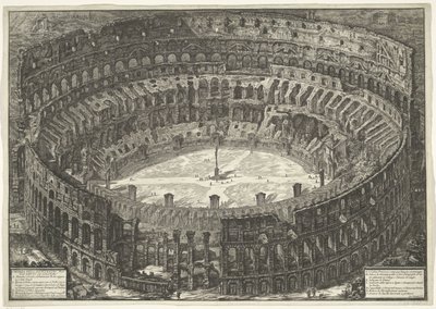 Colosseum te Rom Udsigt over det flaviske amfiteater kendt som Colosseum (titel på objektet) Gezichten op Rom (serietitel) Udsigt over Rom designet og indgraveret af Giambattista Piranesi-arkitekten Ve (nez) iano (serietitel) af Giovanni Battista Piranesi