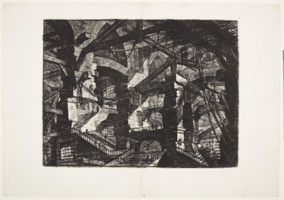 Komplekse grupper af indbyrdes forbundne ødelagte buer, der understøtter bjælker og reb af Giovanni Battista Piranesi