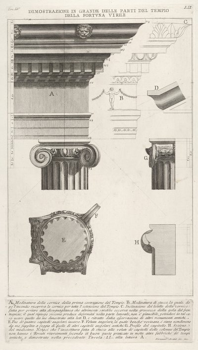 Gesims og søjle fra Temple of Fortuna Virilis Tempio della Fortuna Virile, fra ..., 1756. af Giovanni Battista Piranesi