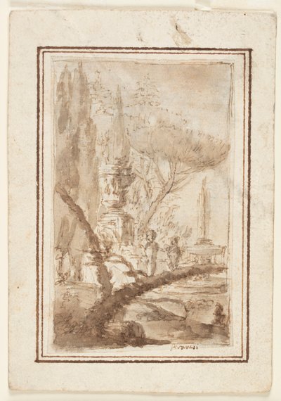 Fantasi om en have med en monumental urne, skulpturer og et springvand af Giovanni Battista Piranesi