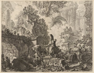 Frontispice, Fantasy of Ruins med en statue af Minerva i midten af forgrunden, fra Vedute di Roma (Udsigt over Rom) af Giovanni-Battista Piranesi